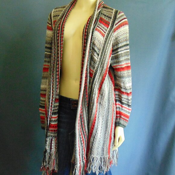 Zozo Sweaters - Zozo Red Gray Striped Cotton Blend Long Fringed Cardigan 1X